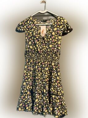 Floral Smocked Waist Dress - Yellow & Pink Flowers